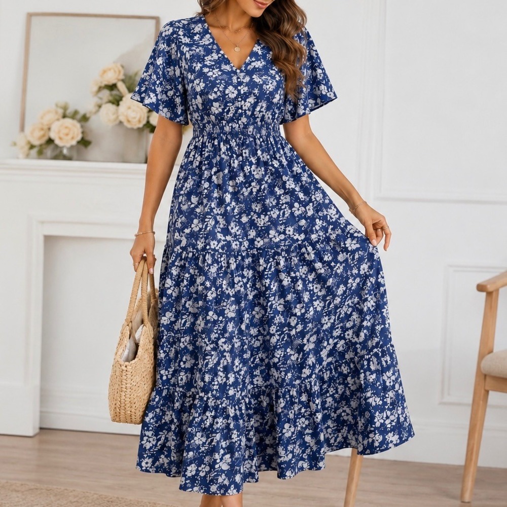 Blue‎ White Floral Cottagecore Midi Dress Flutter Sleeve Tiered Prairie L